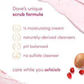 Dove Pomegranate & Shea Butter Body Scrub with pomegranate background