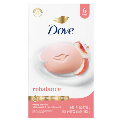 Dove Rebalancing Beauty Bar 6 Count White Peach & Rice Milk packaging front view
