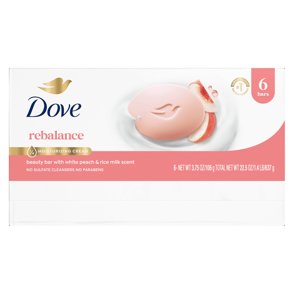 Dove Rebalancing Beauty Bar close-up of white peach and rice milk ingredients