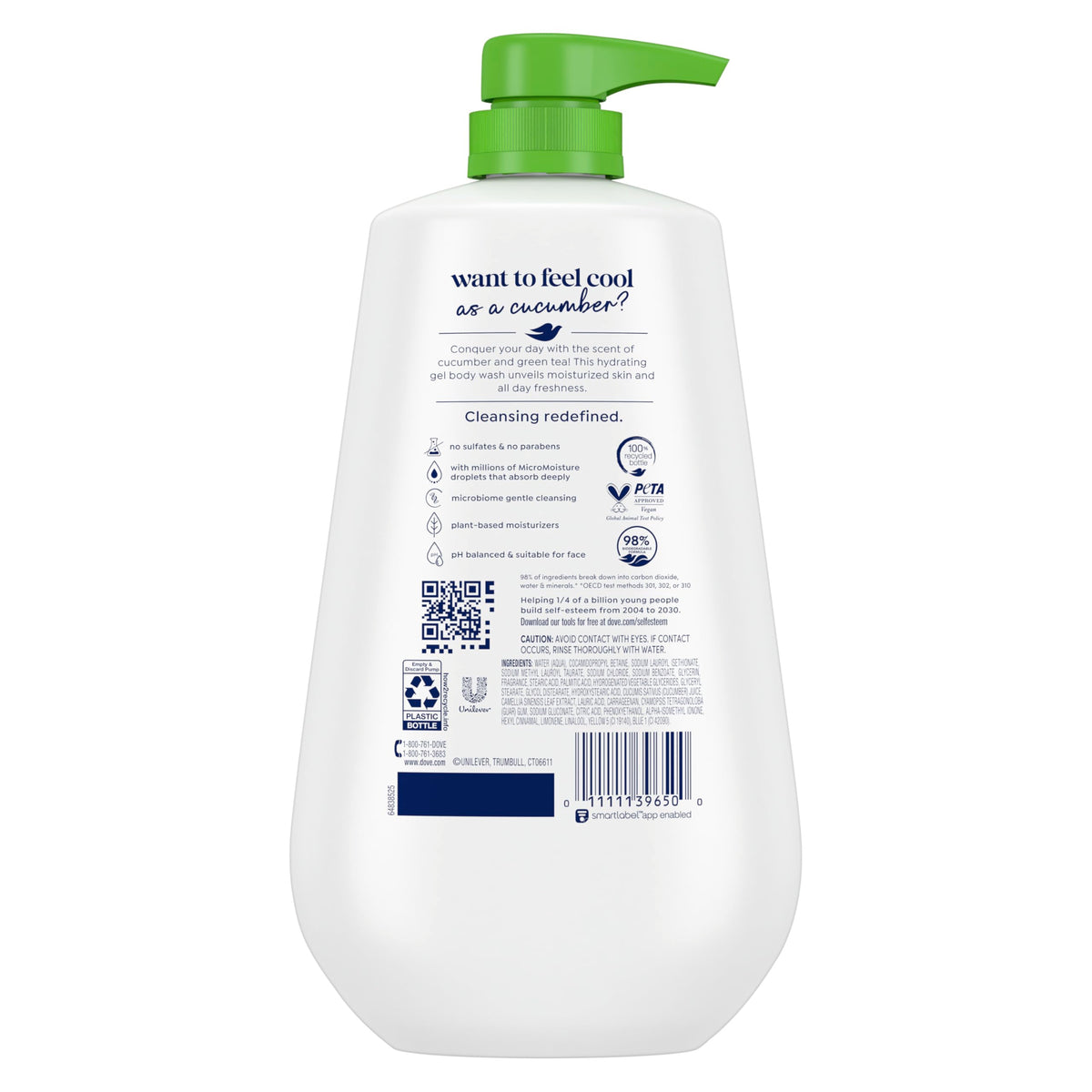 Dove Refresh Body Wash 30.6 oz back view showing ingredients