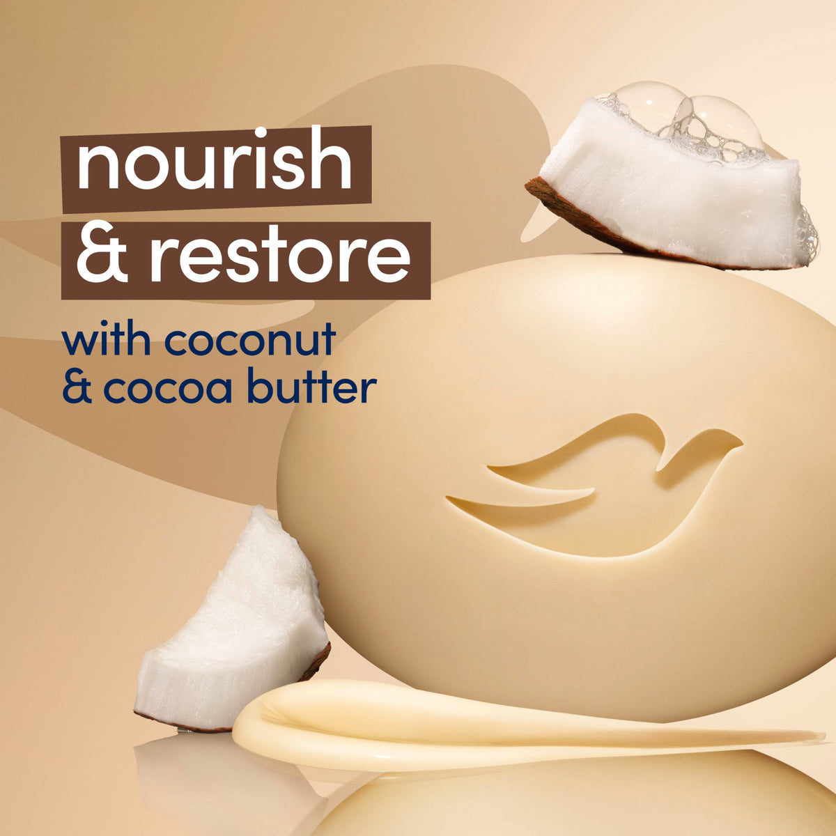 Dove Restoring Beauty Bar Soap Coconut & Cocoa Butter on a soap dish