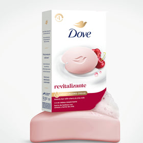 Dove Revitalizing Beauty Bar Soap Cherry & Chia Milk in bathroom setting