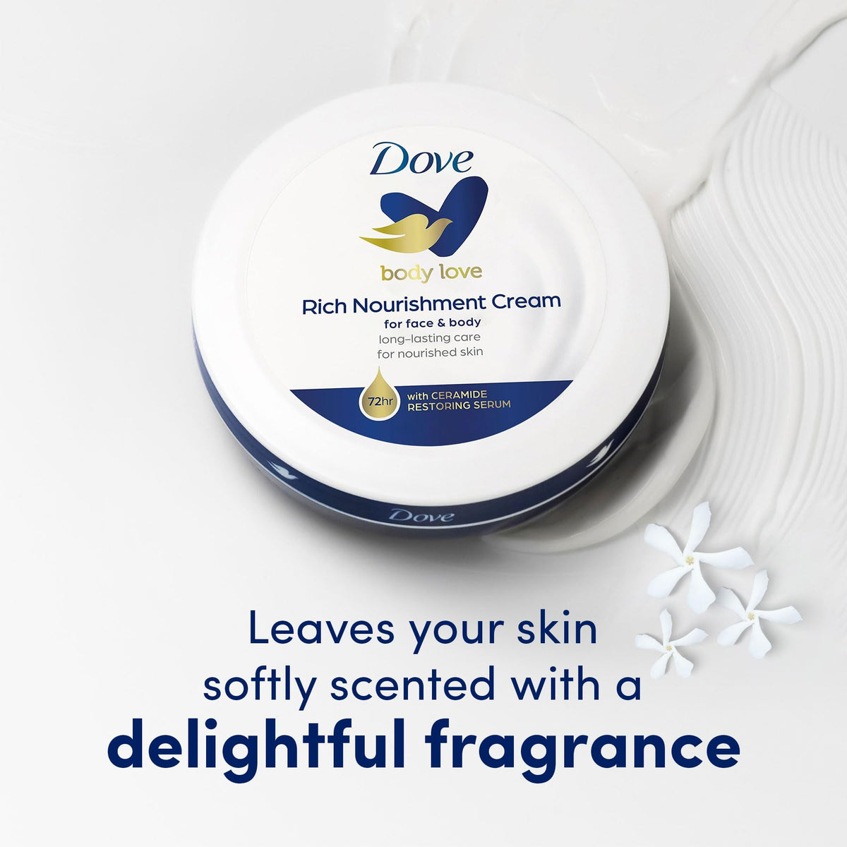 Dove Rich Nourishing Cream jars on a bathroom counter
