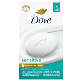 Dove Sensitive Beauty Bar Soap pack front view with six bars