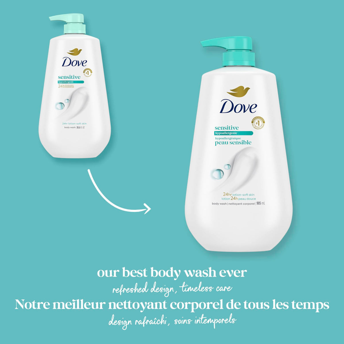 Dove Sensitive Skin Body Wash in a bathroom setting