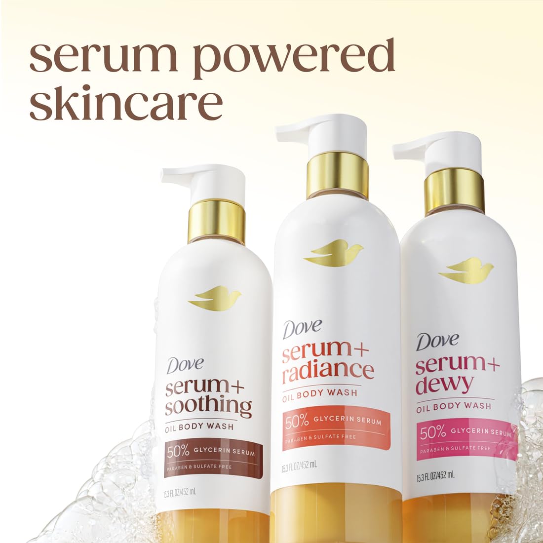 Dove Serum+ Body Wash on a bathroom shelf