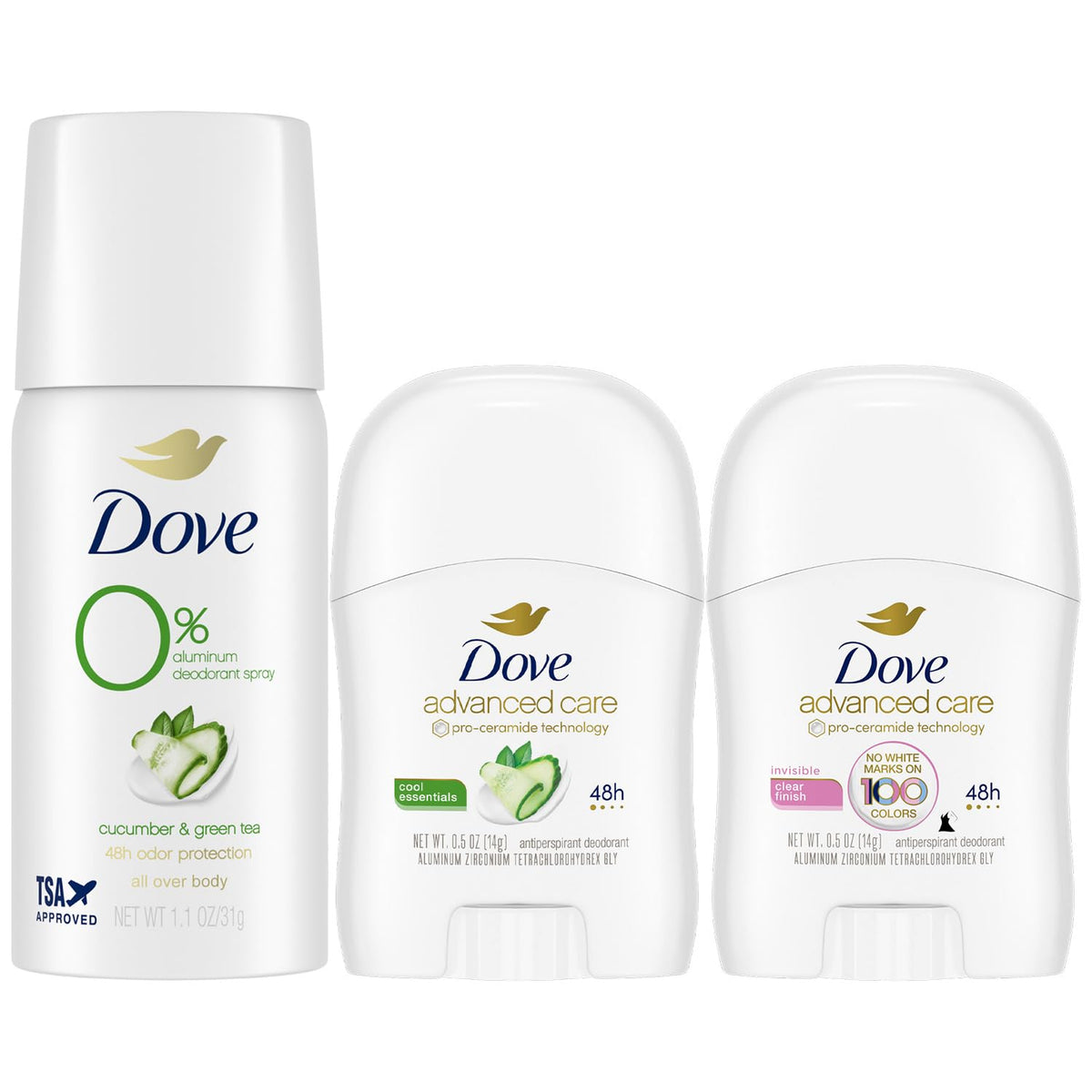 Dove Travel Deodorants for Women mini spray and sticks front view