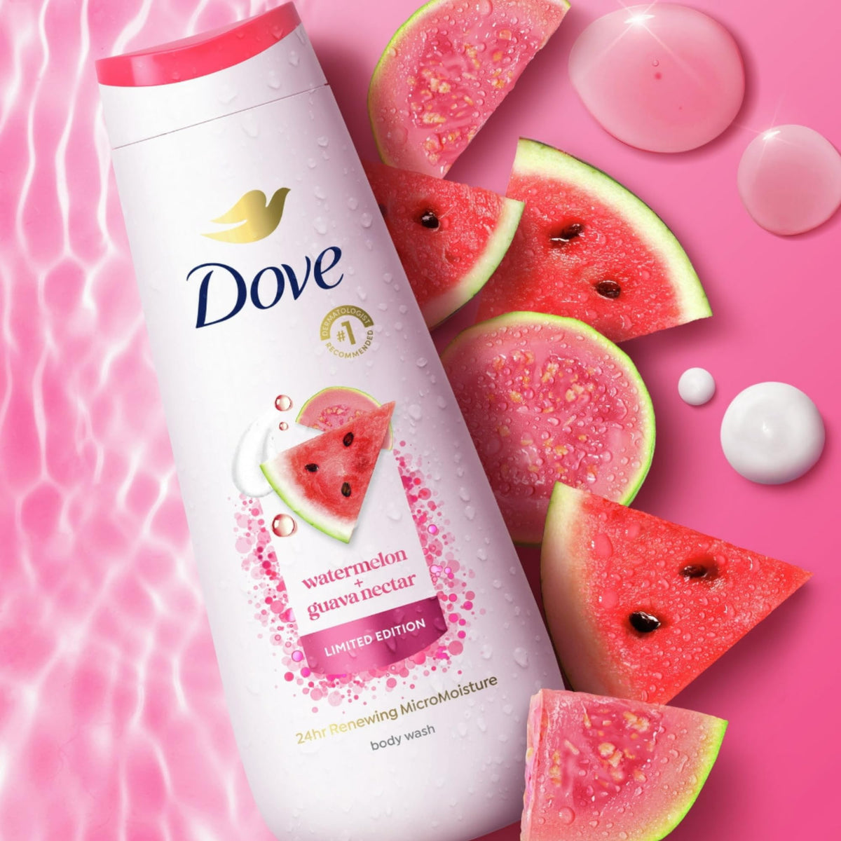 Dove Watermelon & Guava Body Wash bottles side view