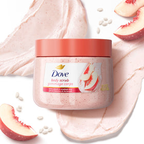 Dove White Peach & Crushed Rice Body Scrub on a bathroom counter