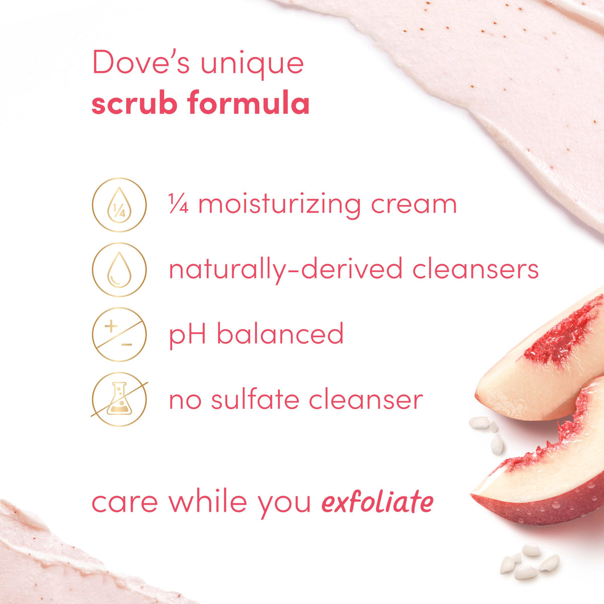 Dove White Peach & Crushed Rice Body Scrub packaging with peach background