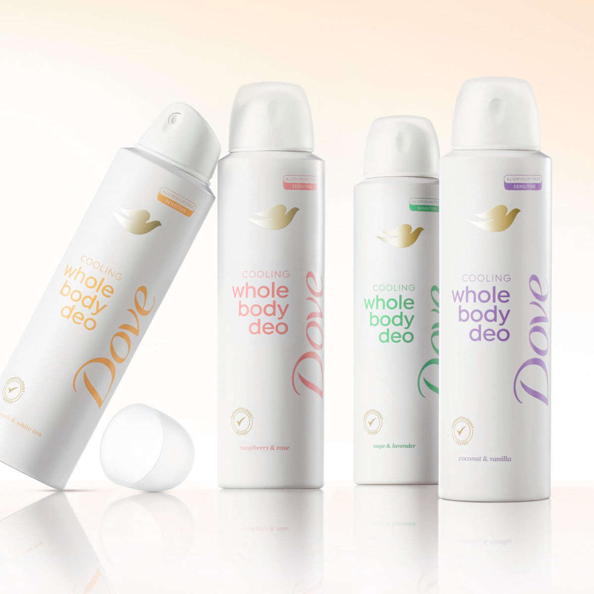 Dove Whole Body Deodorant Cooling Spray Peach & White Tea 150g packaging