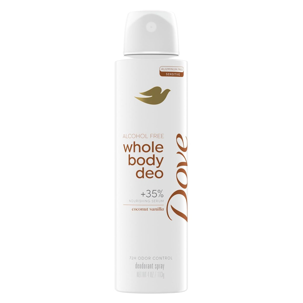 Dove Whole Body Deodorant Spray Coconut Vanilla 4 oz front view