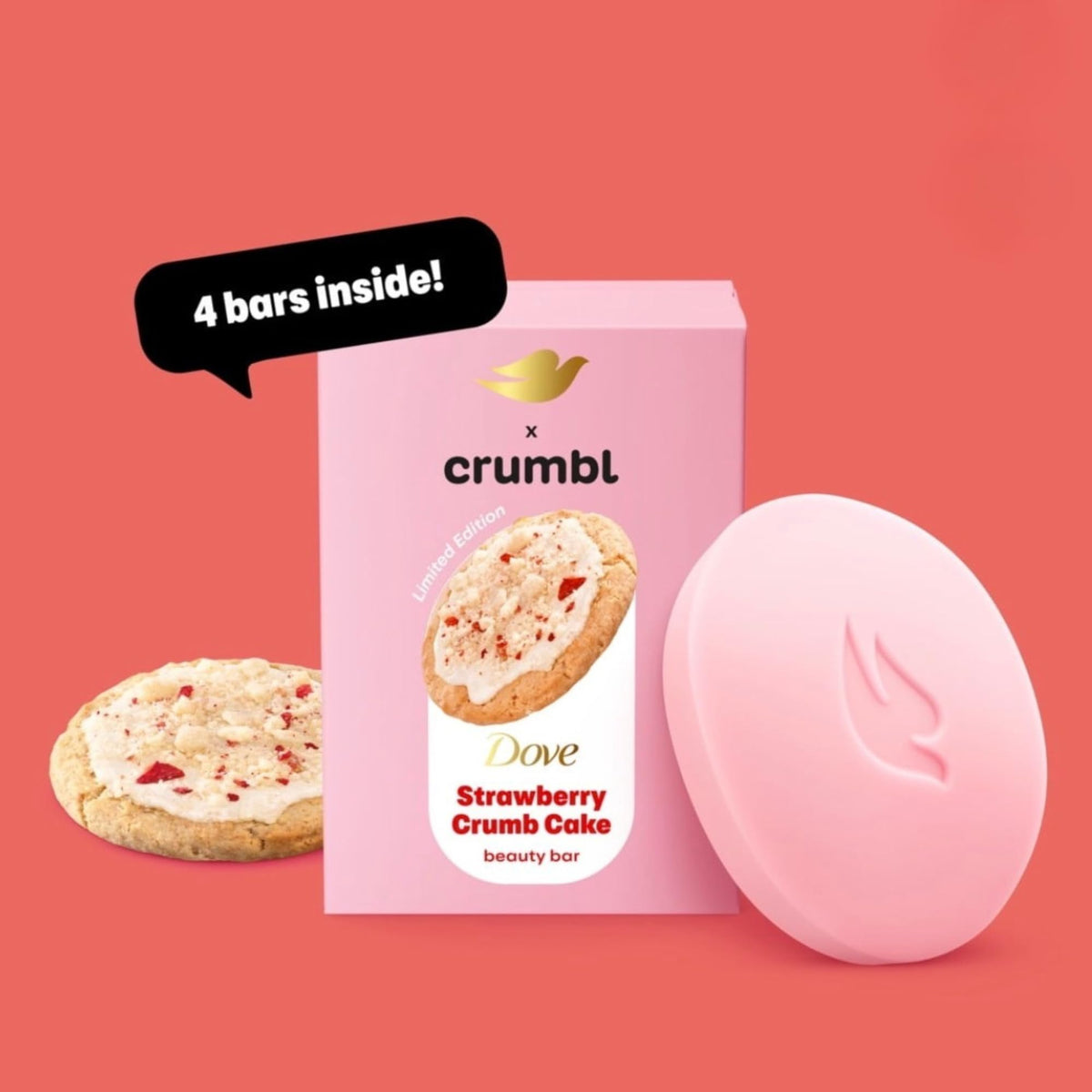 Dove x Crumbl Strawberry Crumb Cake Beauty Bar showing four bars in pack