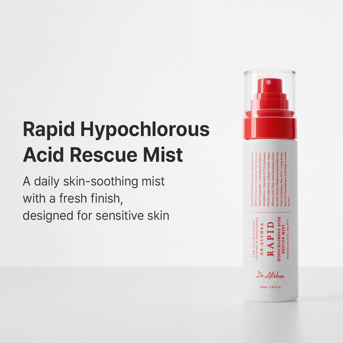Dr.Althea Rapid Hypochlorous Acid Rescue Mist back view with ingredient list