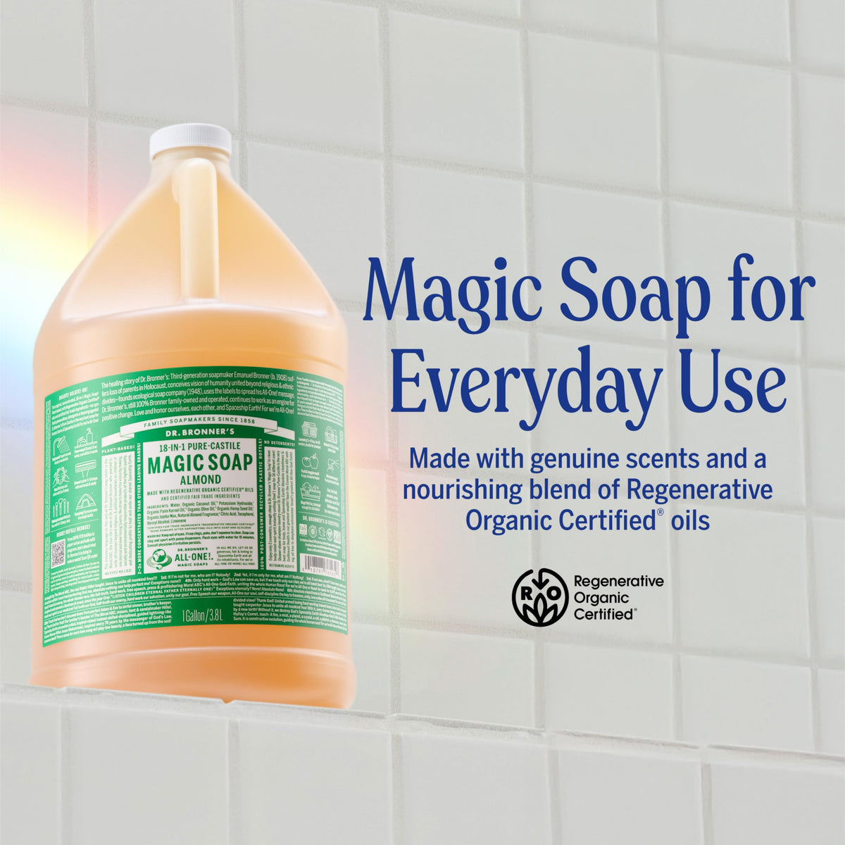 Dr. Bronner's Almond Pure-Castile Liquid Soap 1 Gallon side view