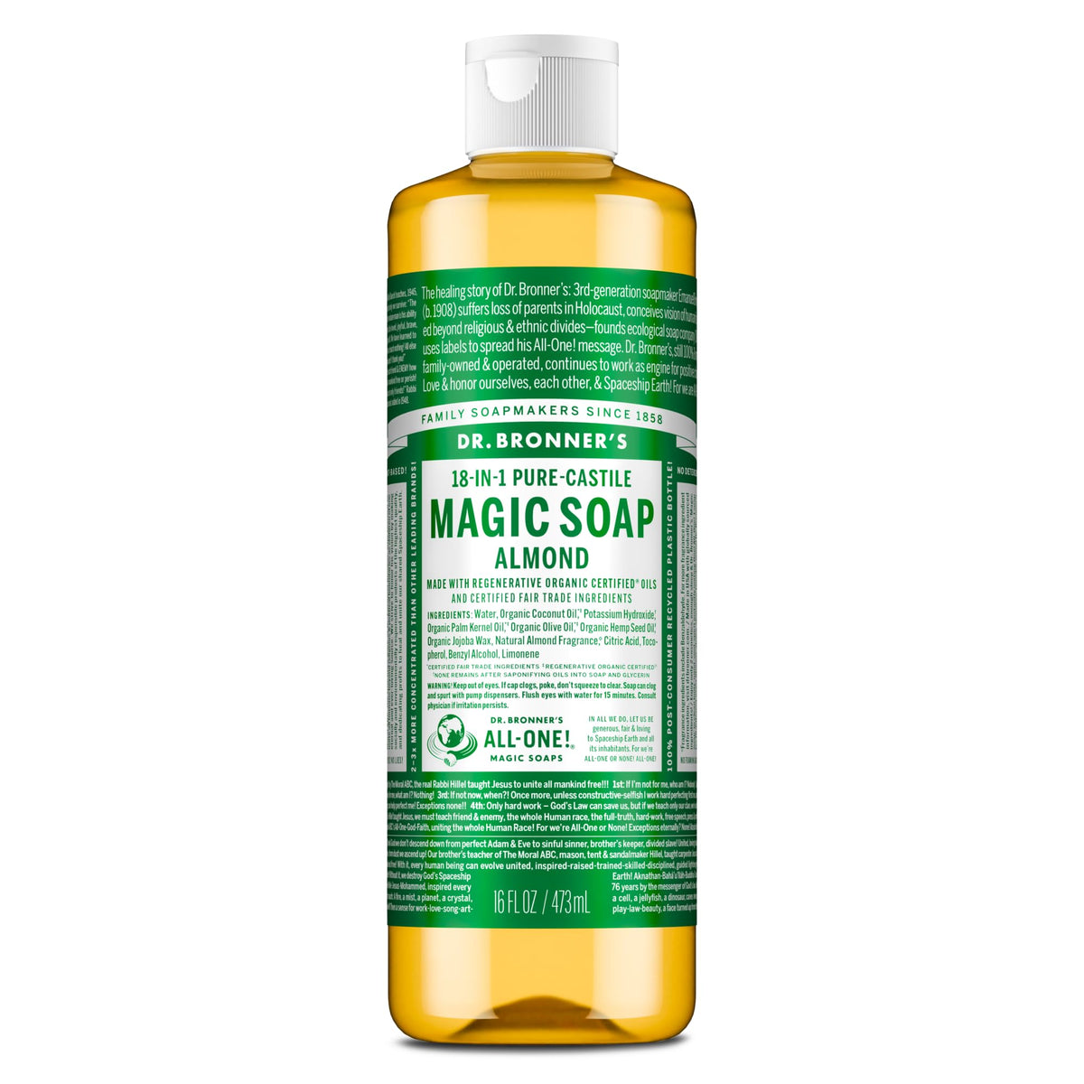 Dr. Bronner's Almond Pure-Castile Liquid Soap 16 oz front view