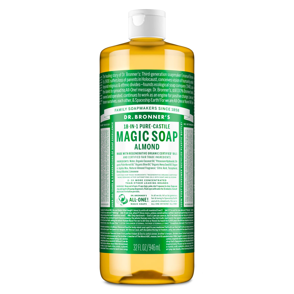 Dr. Bronner's Almond Pure-Castile Liquid Soap 32 oz front view