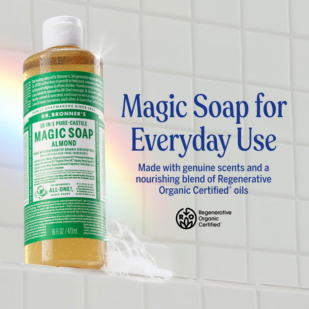Dr. Bronner's Almond Pure-Castile Liquid Soap label close-up