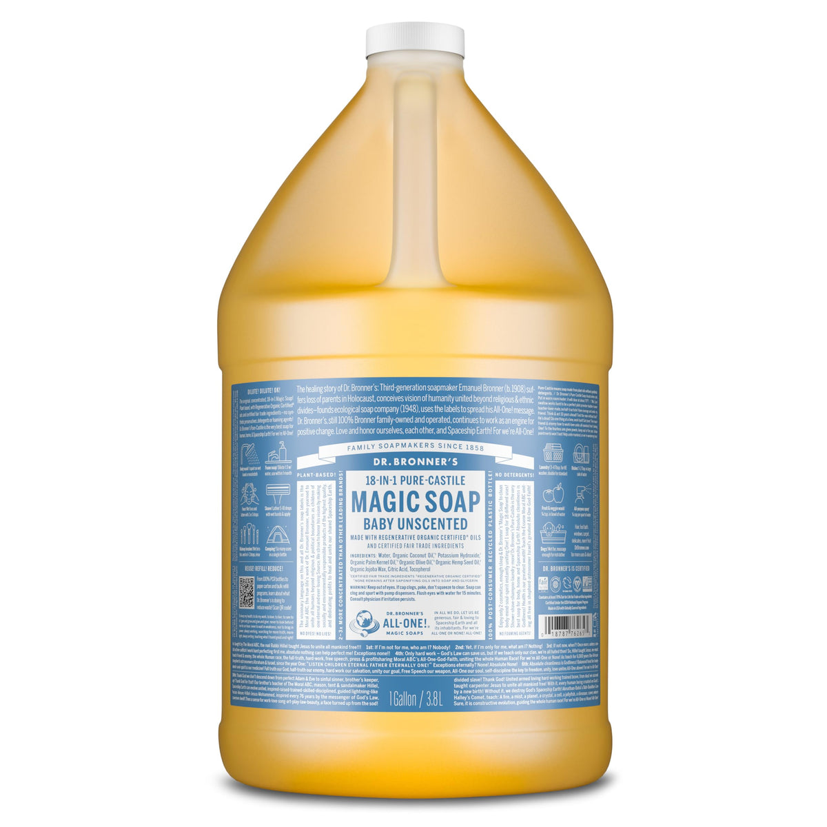 Dr. Bronner's Baby Unscented Pure-Castile Liquid Soap 1 Gallon front view