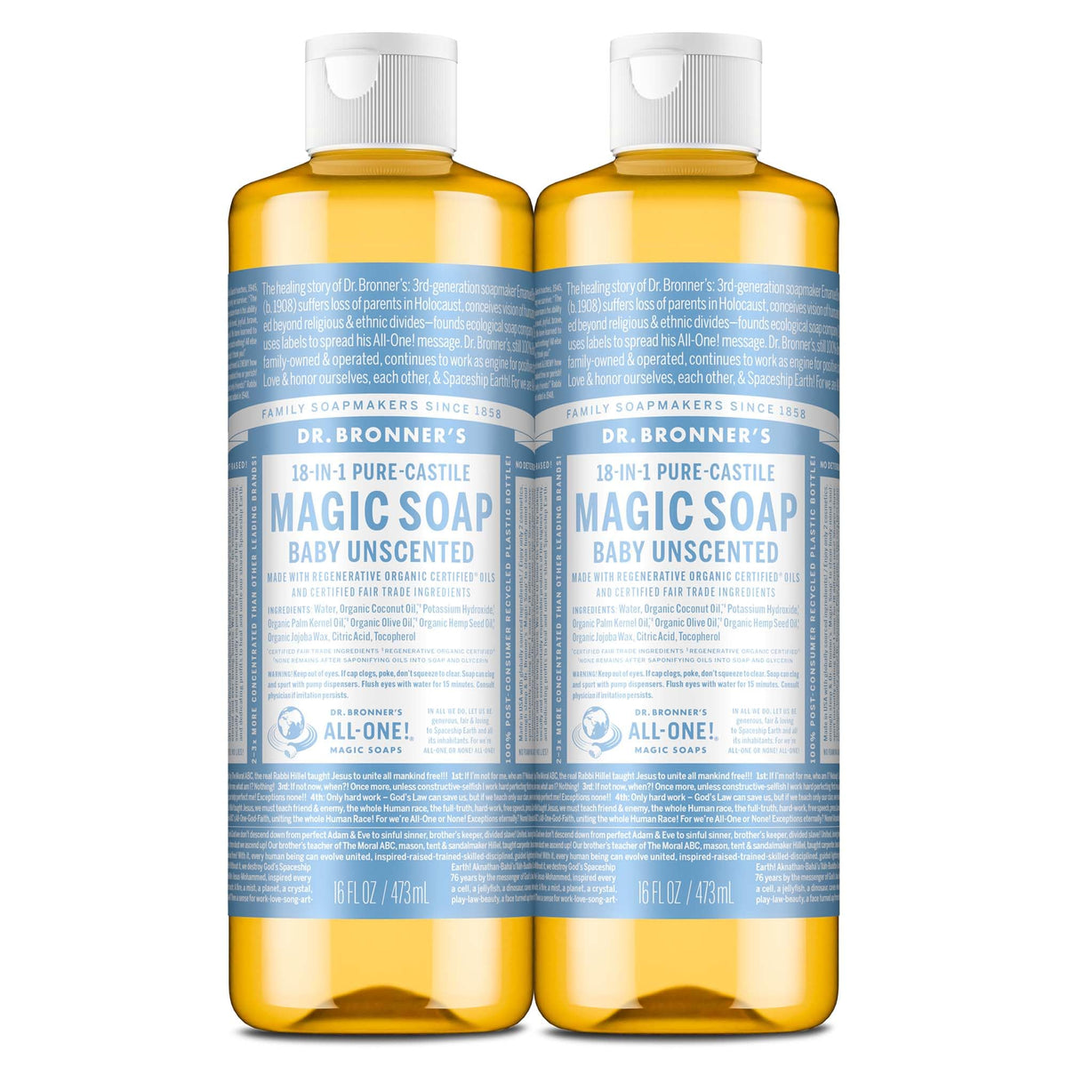 Dr. Bronner's Baby Unscented Pure-Castile Liquid Soap 16 oz front view