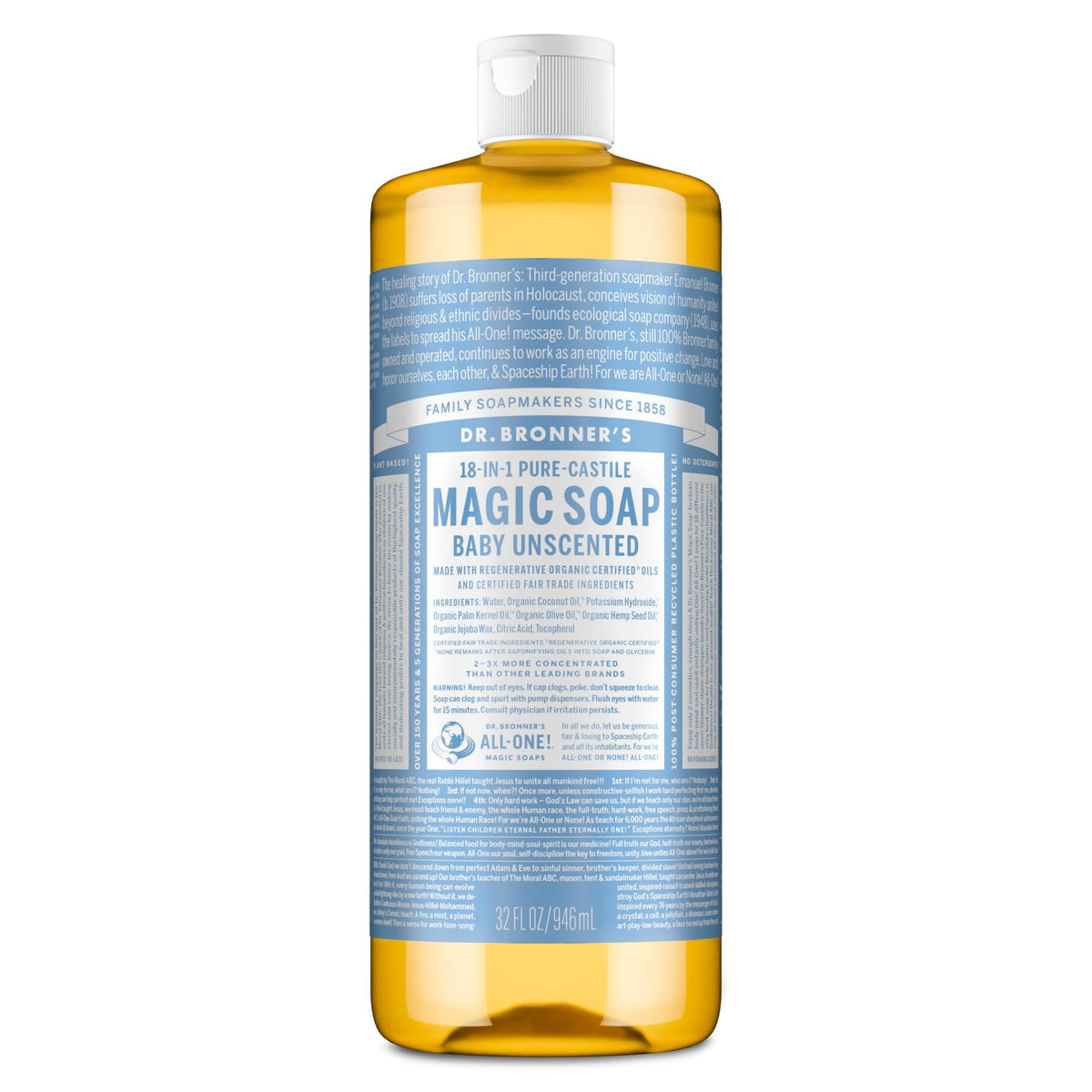 Dr. Bronner's Baby Unscented Pure-Castile Liquid Soap 32 oz front view
