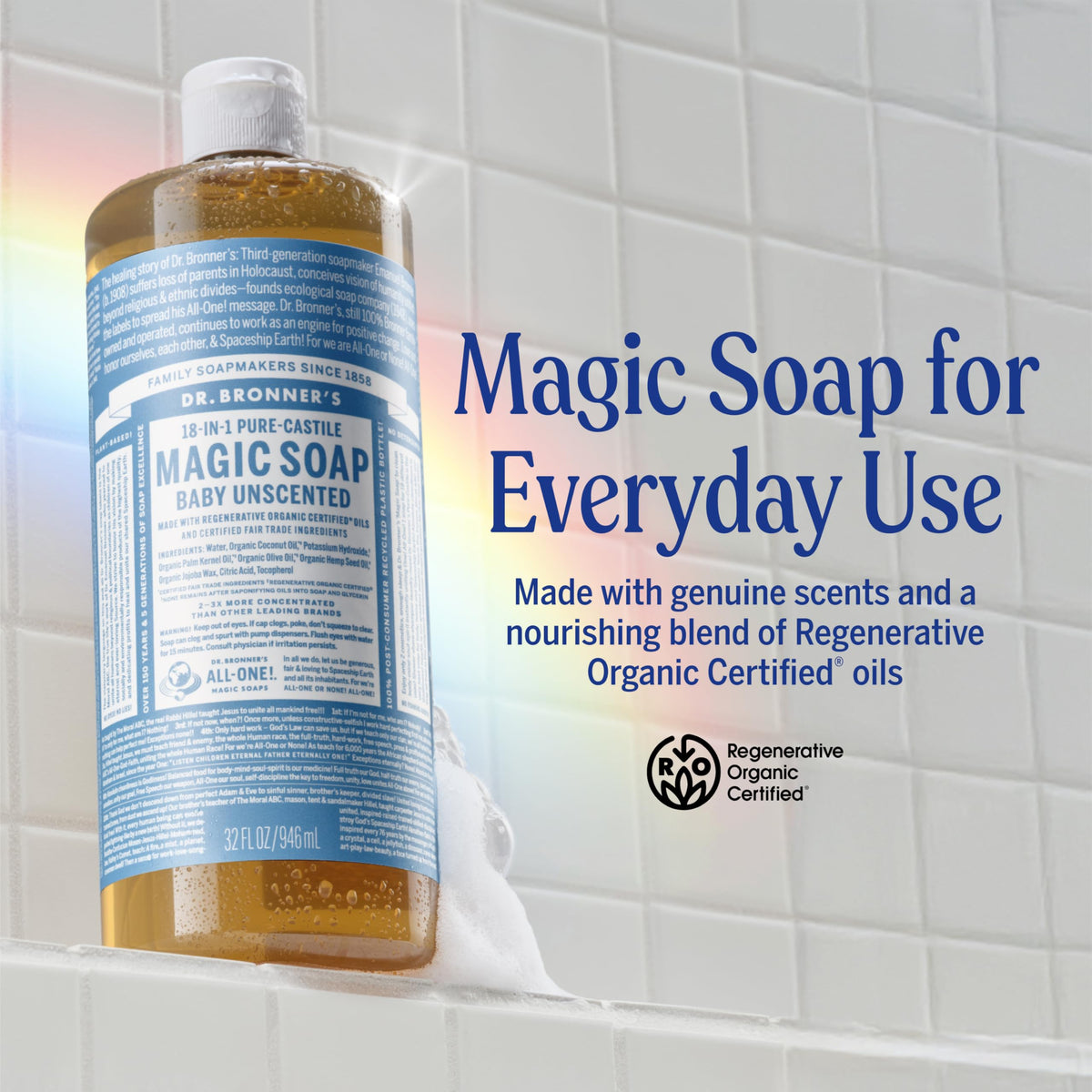Dr. Bronner's Baby Unscented Pure-Castile Liquid Soap label close-up