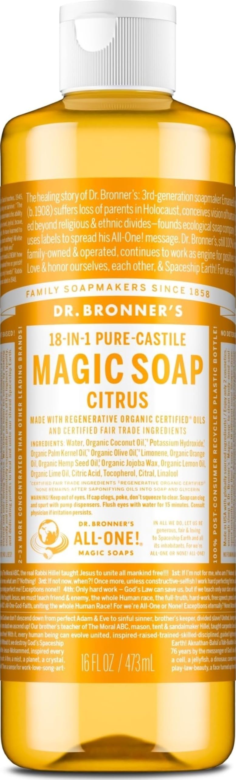 Dr. Bronner's Citrus Pure-Castile Liquid Soap 16 oz front view