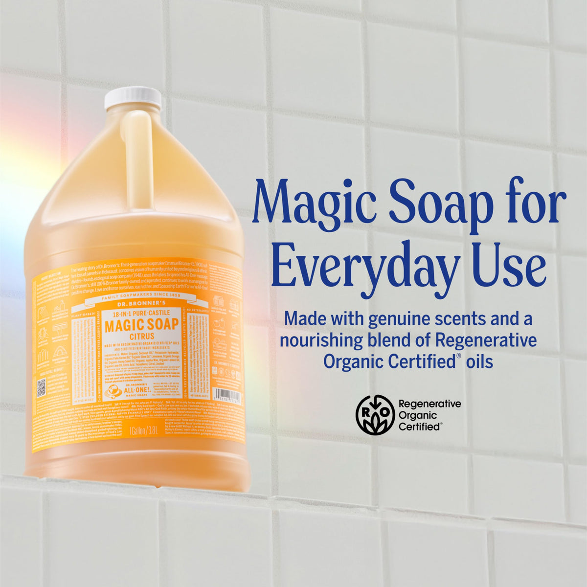 Dr. Bronner's Citrus Pure-Castile Liquid Soap refill 1 gallon side view