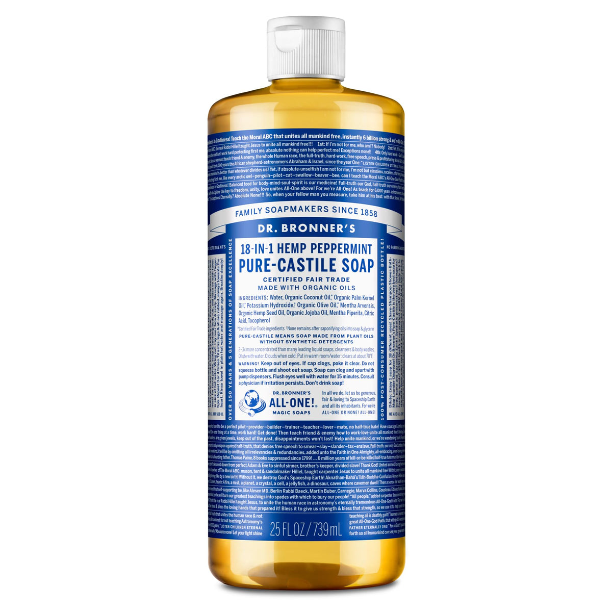 Dr. Bronner's Hemp Peppermint Pure Castile Soap 25 Oz front view