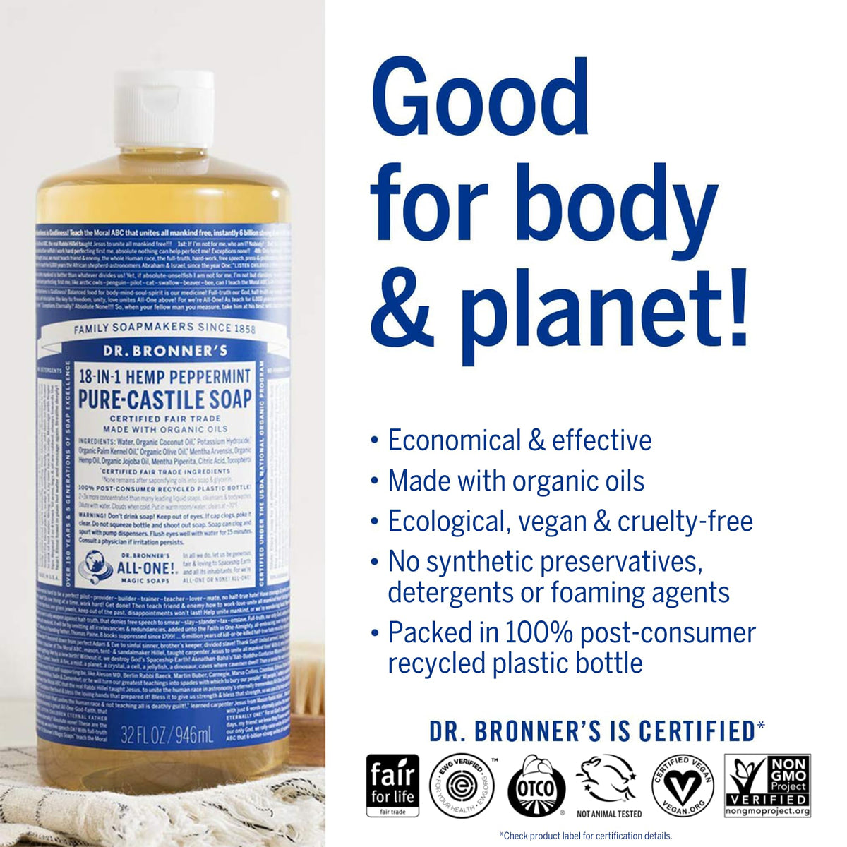 Dr. Bronner's Hemp Peppermint Pure Castile Soap 25 Oz in a bathroom setting