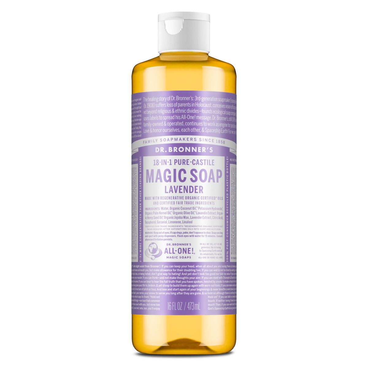 Dr. Bronner's Lavender Pure-Castile Liquid Soap 16 oz front view