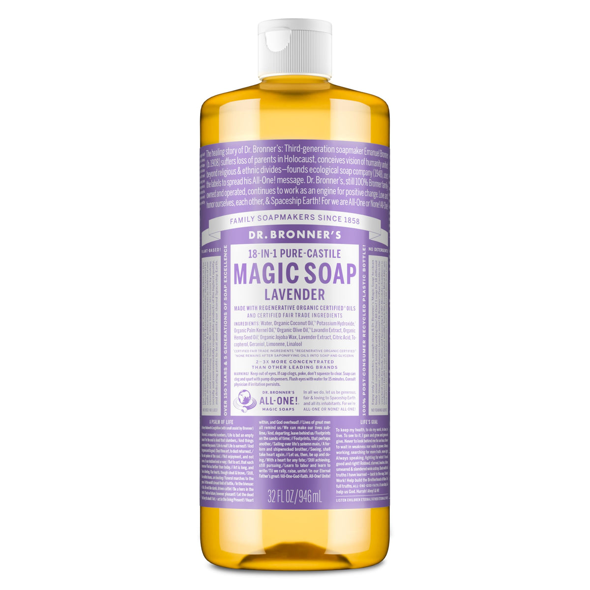 Dr. Bronner's Lavender Pure-Castile Liquid Soap 32 Oz front view