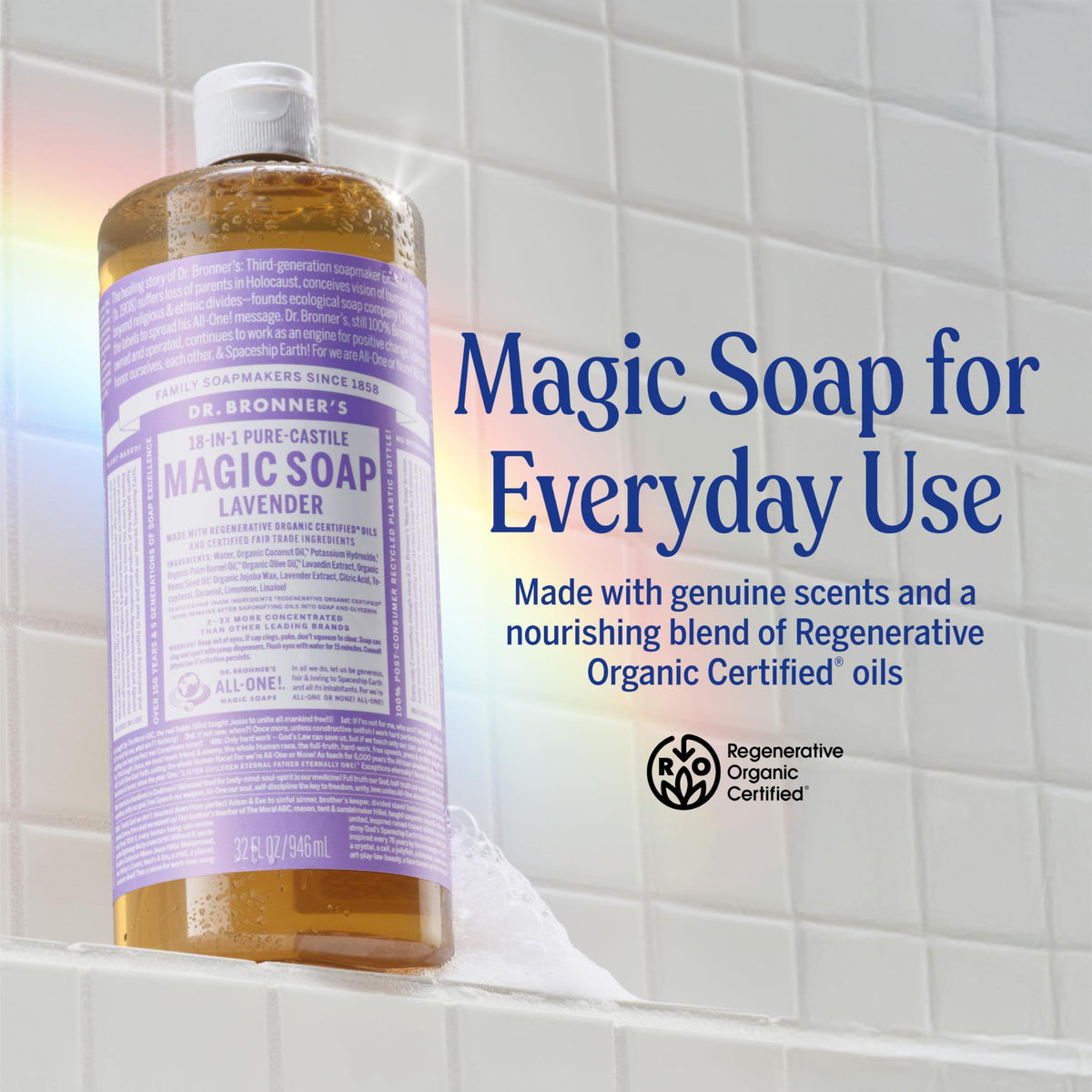 Dr. Bronner's Lavender soap bottle side view