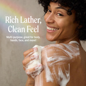 Dr. Bronner's Lavender soap displayed on a bathroom countertop