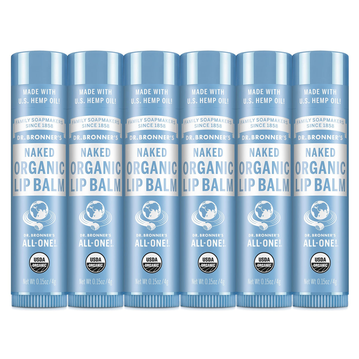 Dr. Bronner's Organic Lip Balm 6-Pack front view with packaging