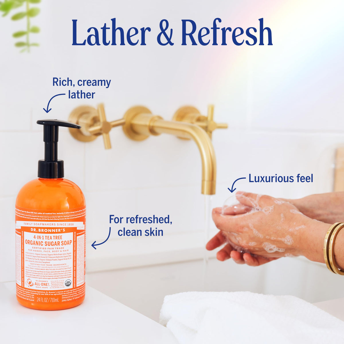 Dr. Bronner's Organic Sugar Soap 64oz Tea Tree lather on hands