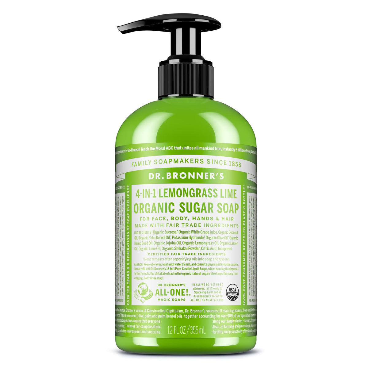Dr. Bronner's Organic Sugar Soap Lemongrass 12 oz front view