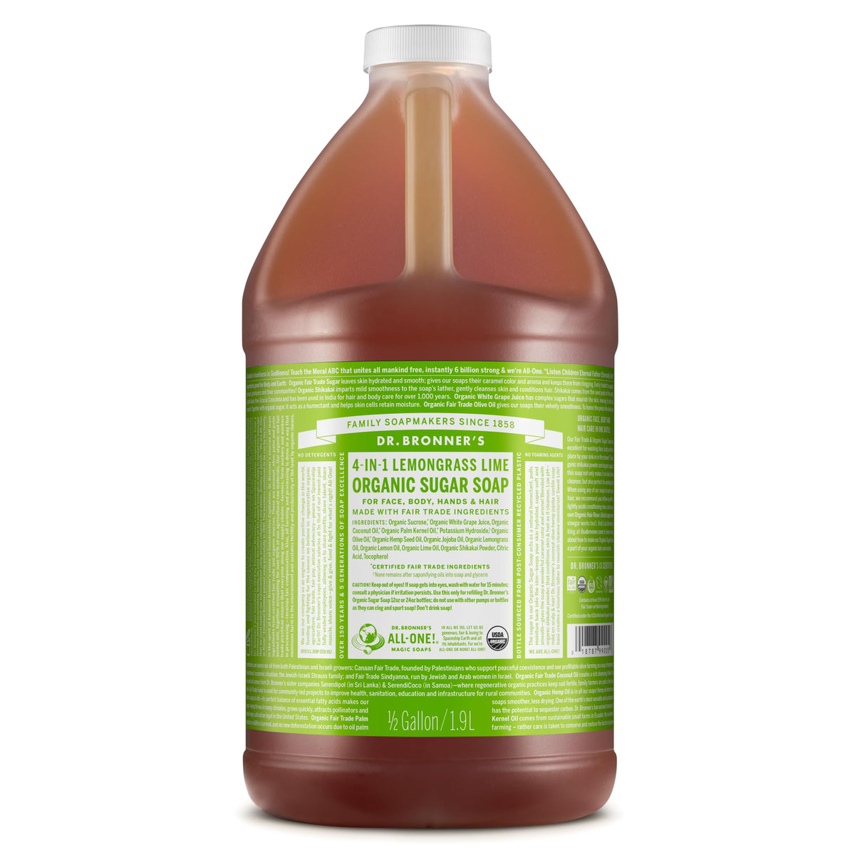 Dr. Bronner's Organic Sugar Soap Lemongrass 64 oz front view