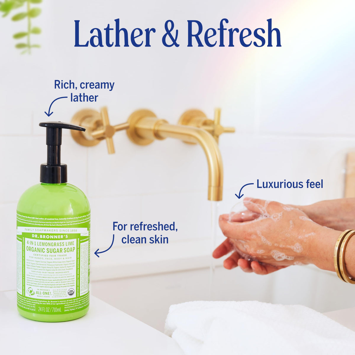Dr. Bronner's Organic Sugar Soap Lemongrass in a bathroom setting