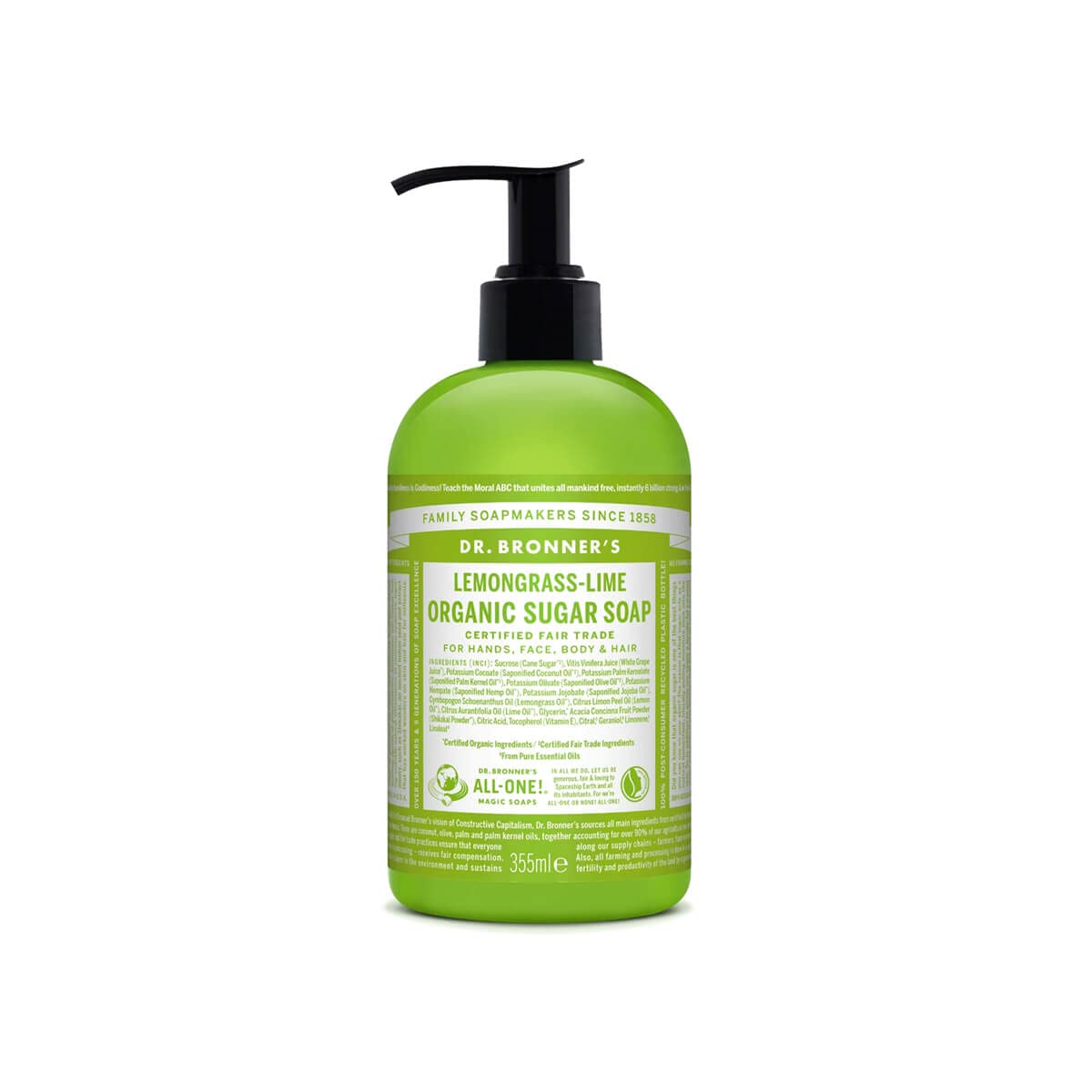 Dr. Bronner's Organic Sugar Soap Lemongrass Lime 355 ml front view