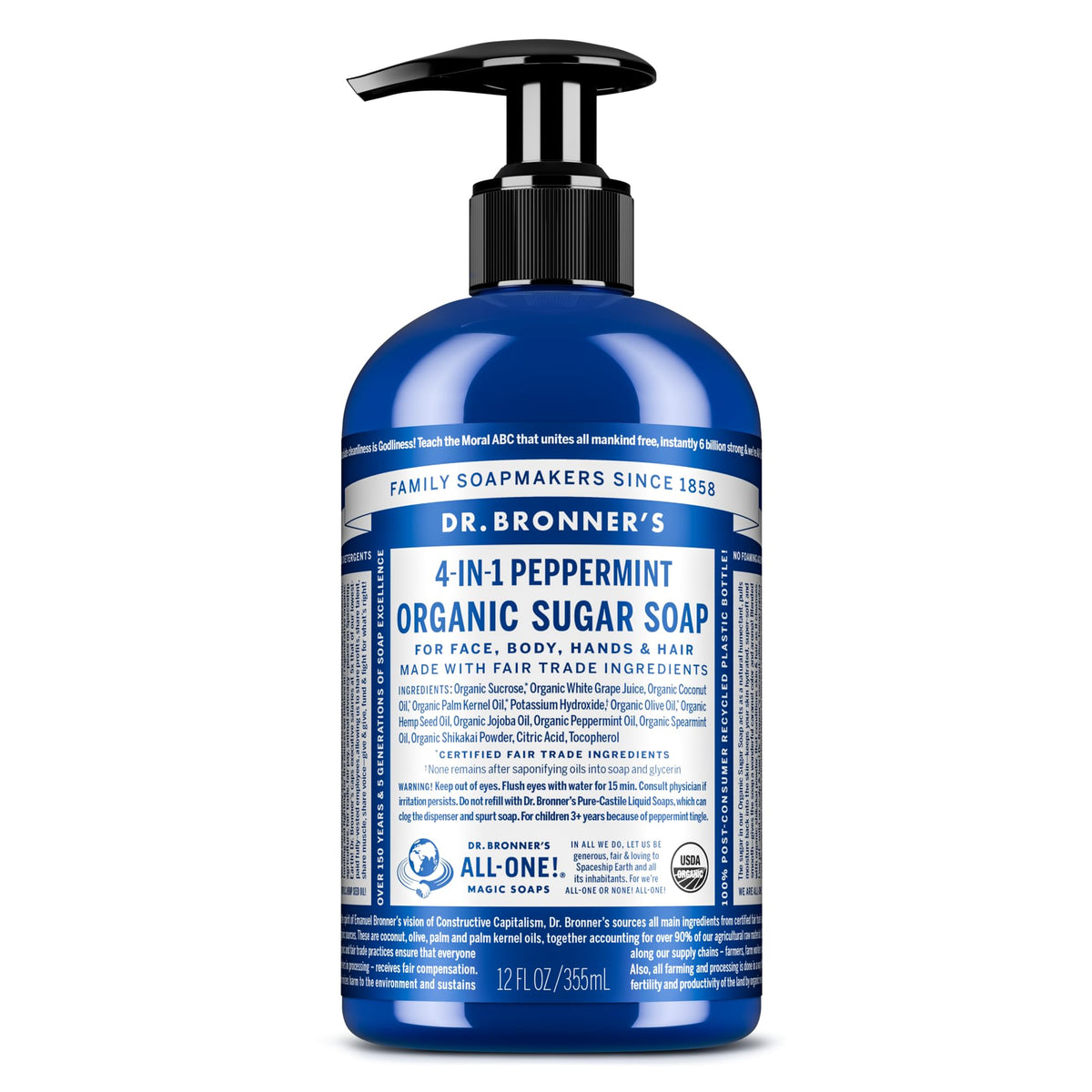 Dr. Bronner's Organic Sugar Soap Peppermint 12 oz front view