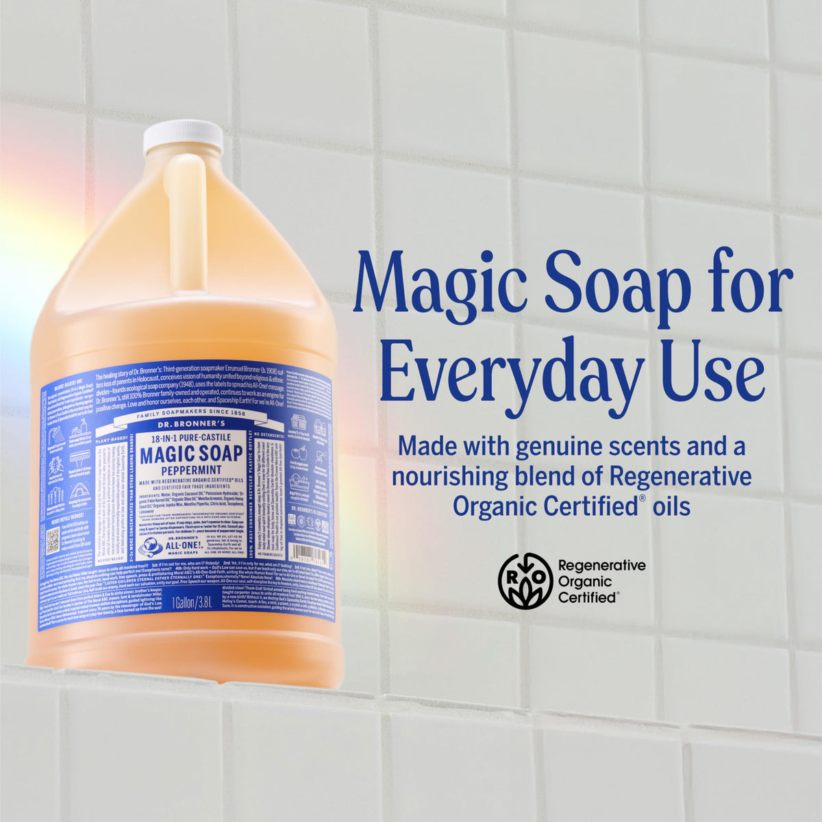Dr. Bronner's Peppermint Pure-Castile Liquid Soap 1 Gallon side view