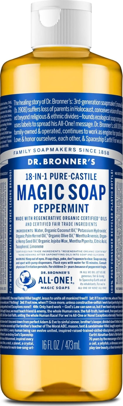 Dr. Bronner's Peppermint Pure-Castile Liquid Soap 16 oz front view