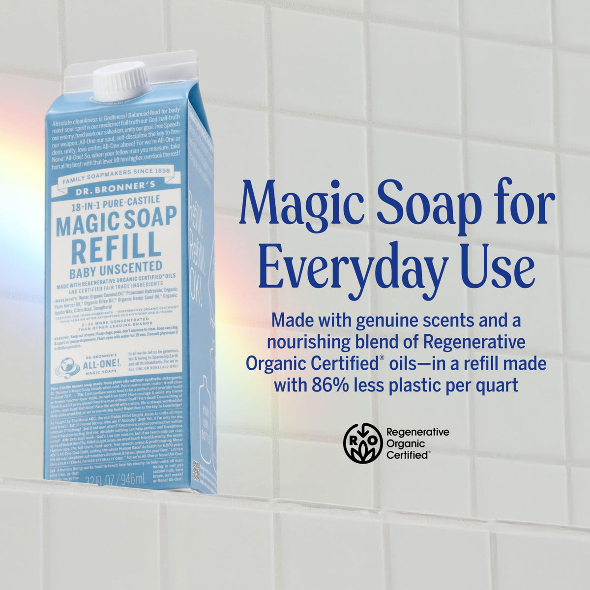 Dr. Bronner's Pure-Castile Liquid Soap back view showing ingredients