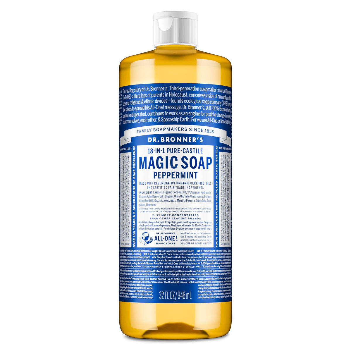 Dr. Bronner's Pure-Castile Liquid Soap Peppermint 32oz front view