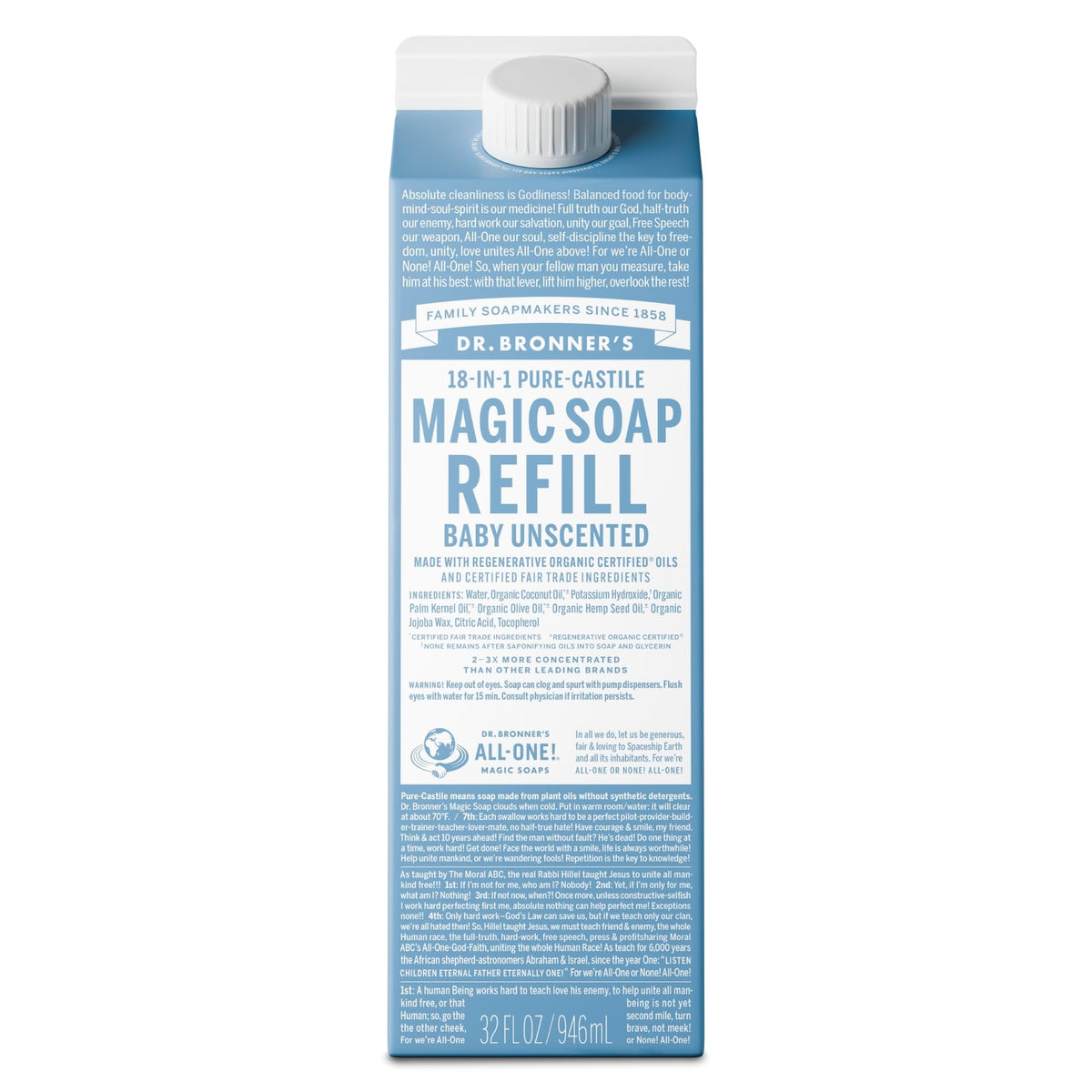 Dr. Bronner's Pure-Castile Liquid Soap Refill 32oz front view