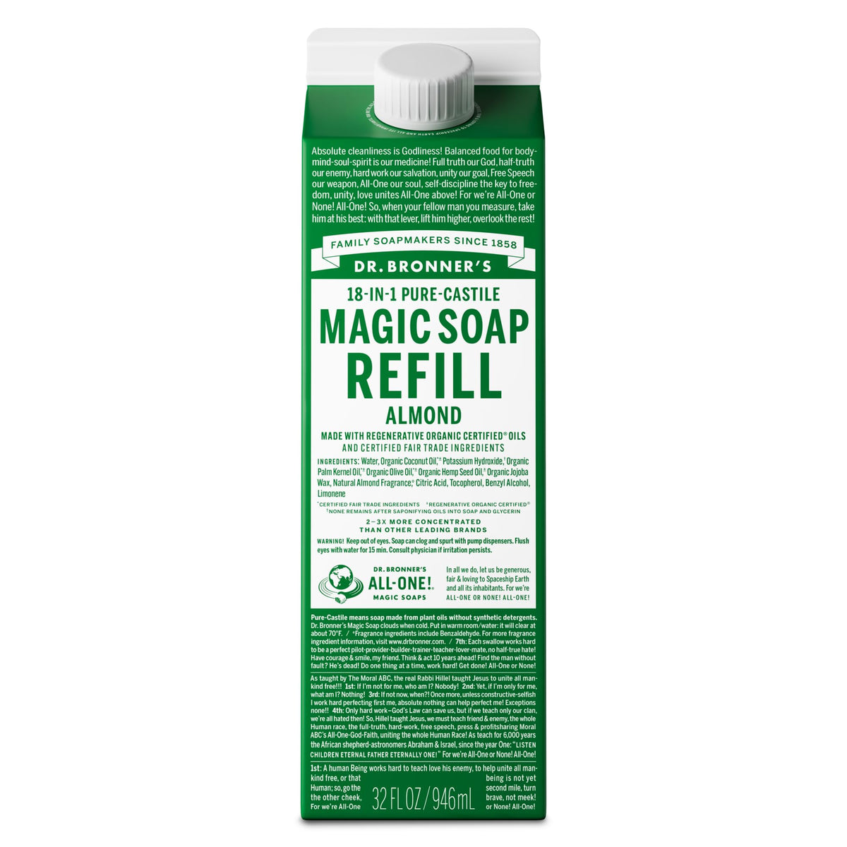 Dr. Bronner's Pure-Castile Liquid Soap Refill Almond 32oz front view