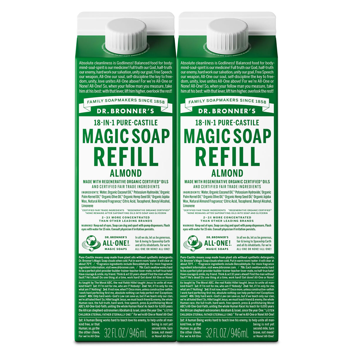 Dr. Bronner's Pure-Castile Liquid Soap Refill Almond 32oz front view