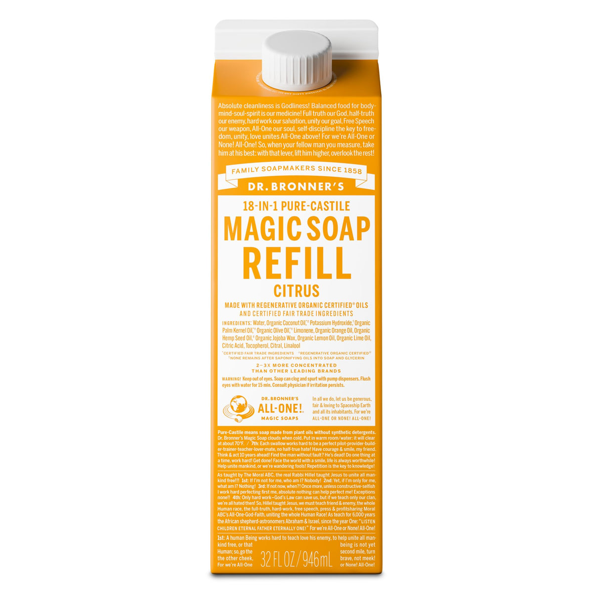 Dr. Bronner's Pure-Castile Liquid Soap Refill Citrus 32oz front view