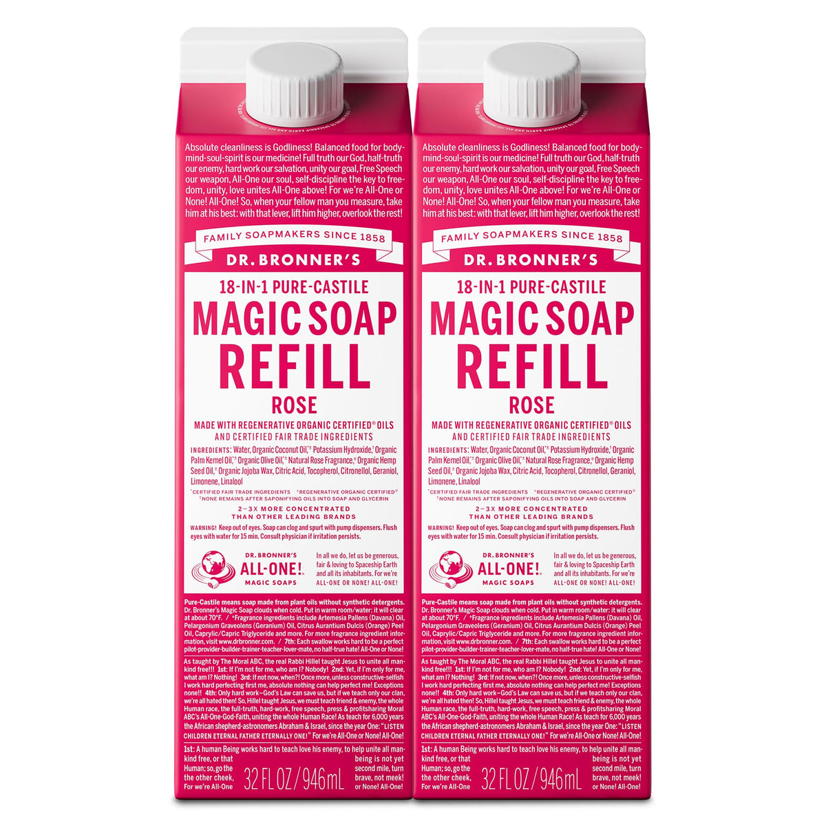 Dr. Bronner's Pure-Castile Liquid Soap Refill Rose 32 oz front view